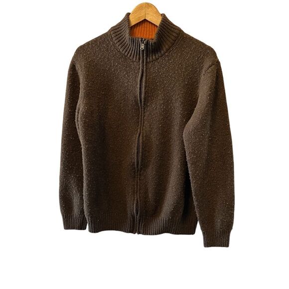 Wool Blend Thick Brown Zip Up Warm Cardigan Sweater M - Picture 1 of 8